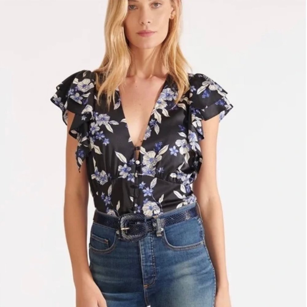 NWOT Veronica Beard Polly Floral Print Flutter Sleeve Silk Top